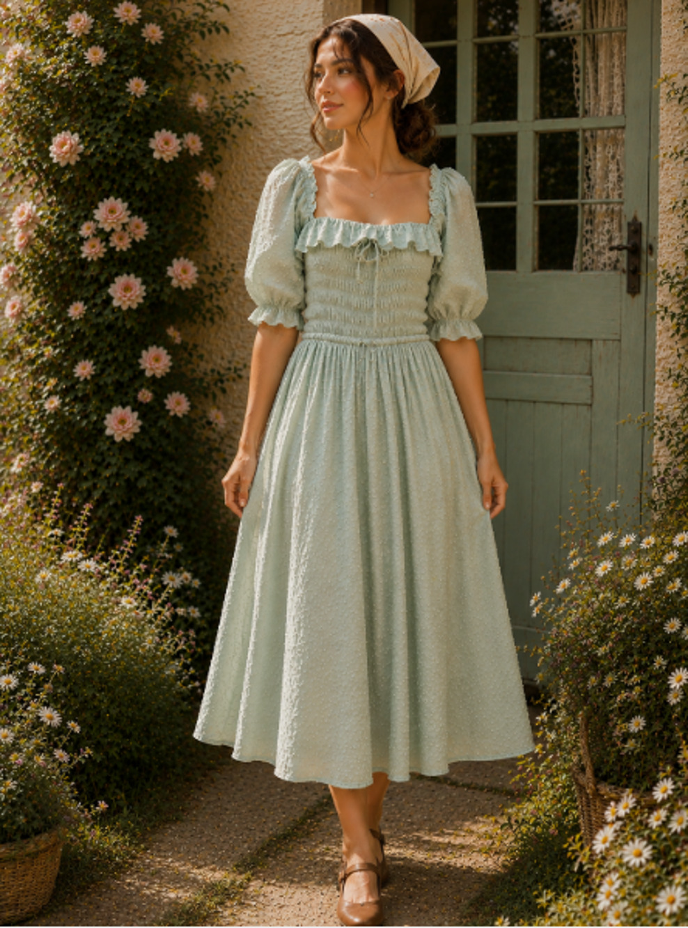 Smocked Puff-Sleeve Midi Dress in Sage Green